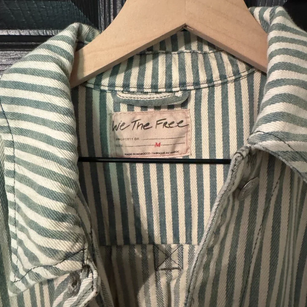 NWT We the Free Oversized Striped Denim Jacket Green White Cream Medium - Picture 2 of 5